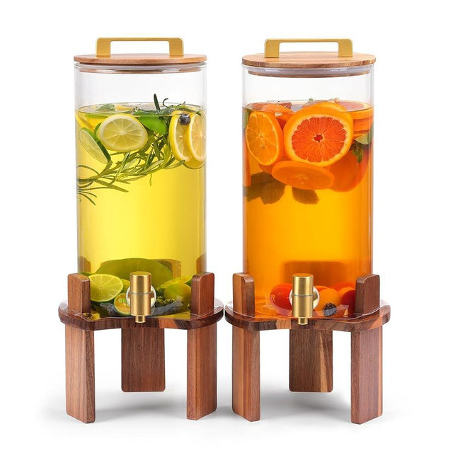 2 PCS 1.5 Gallon Glass Drink Dispenser, Beverage Dispenser With Wood Stand, Lid and Stainless Steel Spigot, Large Water Dispenser for Parties, Perfect for Lemonade, Juice, Tea and Daily Drinks