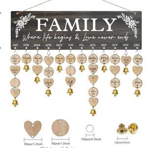 Buecasa Wooden Family Birthday Reminder Calendar Board Wall Hanging - Decorative Birthday Tracker Plaque with 100 Tags - Family Where Life Begins and Love Never Ends