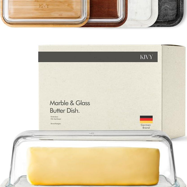 KIVY Butter Dish (White Marble & Glass) - For countertop and refrigerator door shelf - Marble butter keeper - Stone butter dish - Glass butter dish with lid - Dishwasher Safe