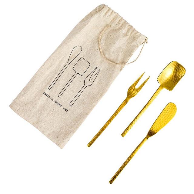 Bloomingville Hammered Stainless Steal Appetizer Utensils, Gold Finish, Set of 3 in Printed Drawstring Bag Pillow Cover