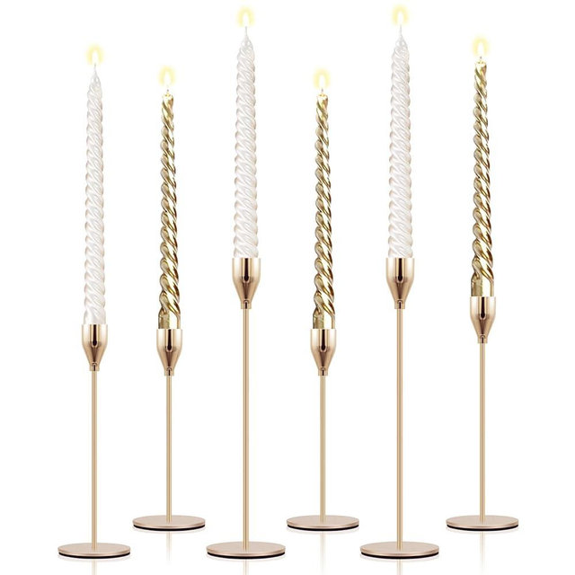 Candlestick Holder Gold Candle Holders for Table Centerpiece Set of 6 Taper Candle Holder Brass Decorative Metal Candle Stand for Christmas, Wedding, Dinning, Anniversary, Party Ornaments