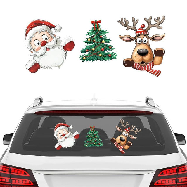 Mfault 3 PCS Christmas Santa Claus Car Stickers, Cute Xmas Tree Reindeer Gifts Waterproof Vinyl Decals, Winter Holiday Bumper Sticker for Window Wall Laptop Decorations Accessories
