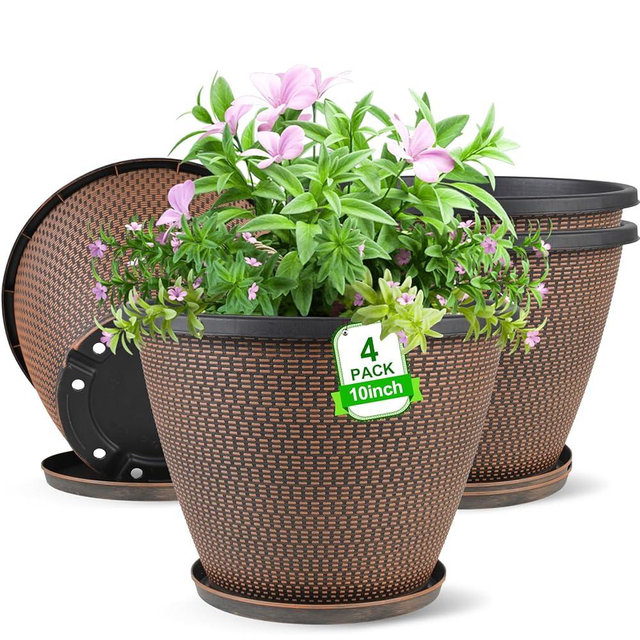 4 Pack 10 inch Plant Pot for Outdoor Indoor, Plastic Flower Pots with Drainage Holes & Saucers, Lightweight Large Outdoor Planter Pot, Imitation Knit Pots for Garden House Planters (Black Copper)