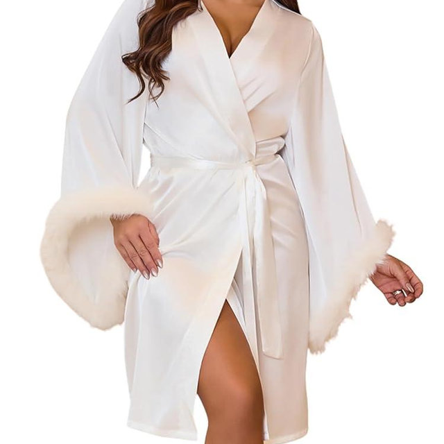 silkola Satin Robes for Women Bridal Bridesmaids Robe Silk Robe with Faux Fur Trim Satin Bell sleeves Wedding Dressing Gown