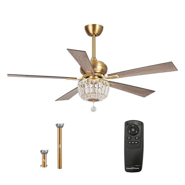 Parrot Uncle Ceiling Fans with Lights and Remote 52 Inch Gold Ceiling Fan with Light for Bedroom Crystal Chandelier Fans, Reversible Motor, Timer,