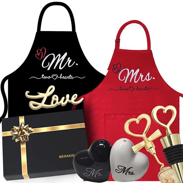 MERAKIO Gifts For Couples | Gifts For Couples Who Have Everything, Couple Gifts, His And Hers Gifts, His And Hers Aprons - Embroidery Logo