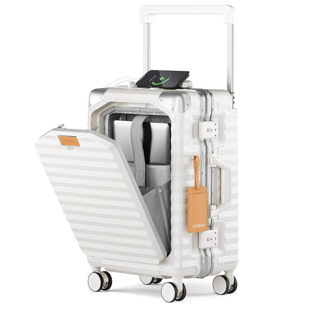 Joyway 20 Inch Carry on Luggage with Aluminium Frame and Front Pocket, PC Hardshell Suitcase with USB Port and Cup Holder, Luggage with Spinner Wheels and TSA Lock (White)