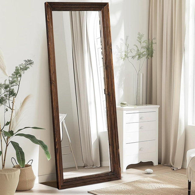 YLYHSST 65"x24" Full Length Mirror Solid Wood Frame Floor Mirror for Living Room, Bedroom Hanging or Leaning, Brown