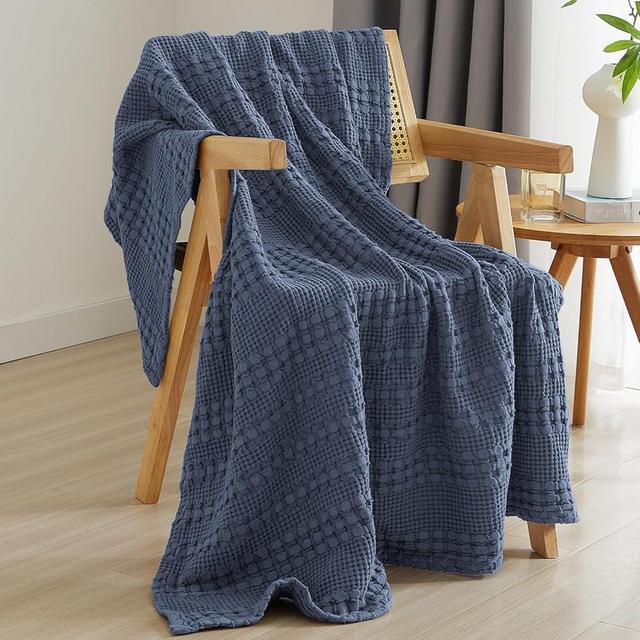 PHF 100% Cotton Waffle Weave Throw Blanket - Lightweight Washed Cotton Throw Blanket for Spring & Summer - 50"x60" Aesthetic Breathable and Skin-Friendly Blanket for Room Decor & Office - Dark Navy