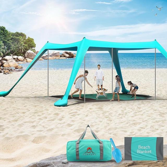 COPFERY Beach Tent Sun Shelter for Family 10x10 FT UPF50+ Windproof Beach Canopy with Mat, Sand Shovel, Ground Pegs and Stability 4 Aluminum Poles
