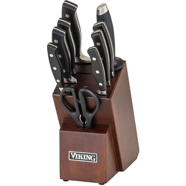 Viking Kitchen Knives Set, 10 Piece Full Forged Cutlery Set with Walnut Knife Block, Stainless Steel Blades and Ergonomic Handles, Dishwasher Safe