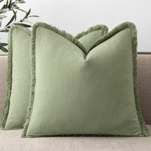 ANRODUO Set of 2 Decorative Throw Pillow Covers 18×18 Inch Soft Linen Fringe Farmhouse Boho Vintage Cushion Covers with Tassels Accent Pillowcase for Couch Sofa Bed Living Room Fall Decor Sage Green