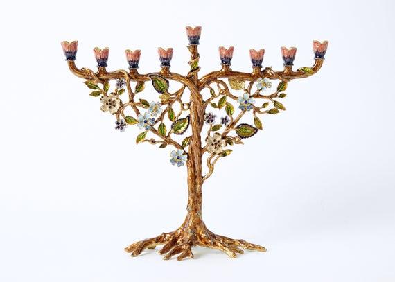 Menorah, Flower On Vine. Hand Painted Embellished with Crystals, Housewarming, Home, Chanukah Gift. Judaica, 7.5" H on 9" L