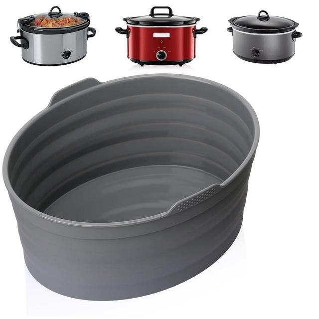 Slow Cooker Liners, Foldable Reusable Silicone Cooking Liners Compatible with Crock-Pot & Hamilton Beach Oval 6 QT, Leakproof Dishwasher Safe Slow Cooker Accessories for Most Oval Shape 1 PCS Grey