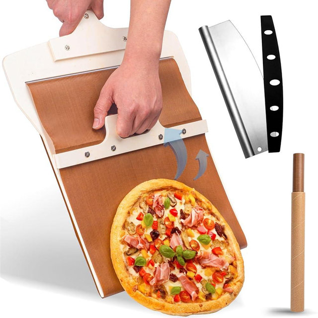 Leozzo Sliding Pizza Peel, Pizza Slider Paddle with Pizza Cutter Rocker, Non-Stick Pizza Peel Slider with Handle Detachable Transfers Pizza Pie, 12” Wood Sliding Pizza Peel with Replacement Cloth