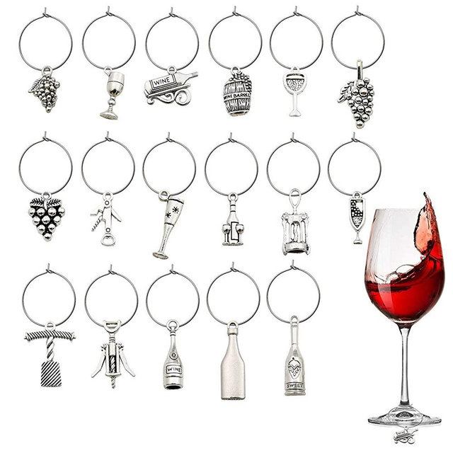 WOCRAFT 50 Sets Craft Supplies Wine Glass Charms Markers Wine Tasting Party Decoration Supplies Gift with 25mm Strong Stainless Steel Wine Glass Charm Rings (M307+10575)