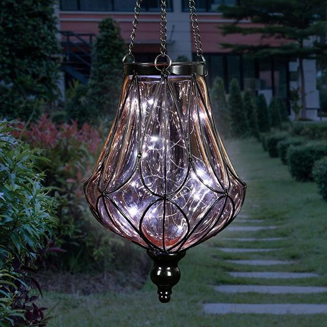 Exhart Solar Amber Glass Hanging Lantern with Looping Metal Pattern, 8 by 24 Inches