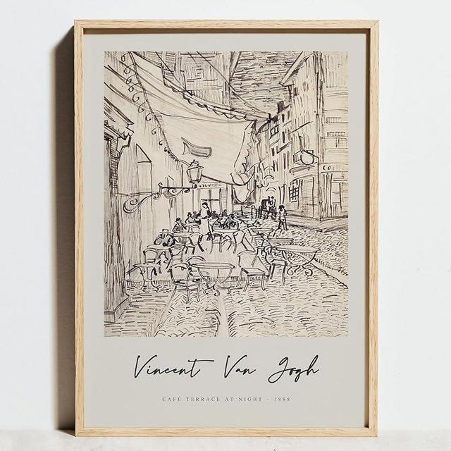 Print Van Gogh Print, Café Terrace at Night Exhibition Poster, Vintage Beige Black White Wall Art,Pen Drawing Sketch Impressionism Decor, Print Unframed 16x24 Inches