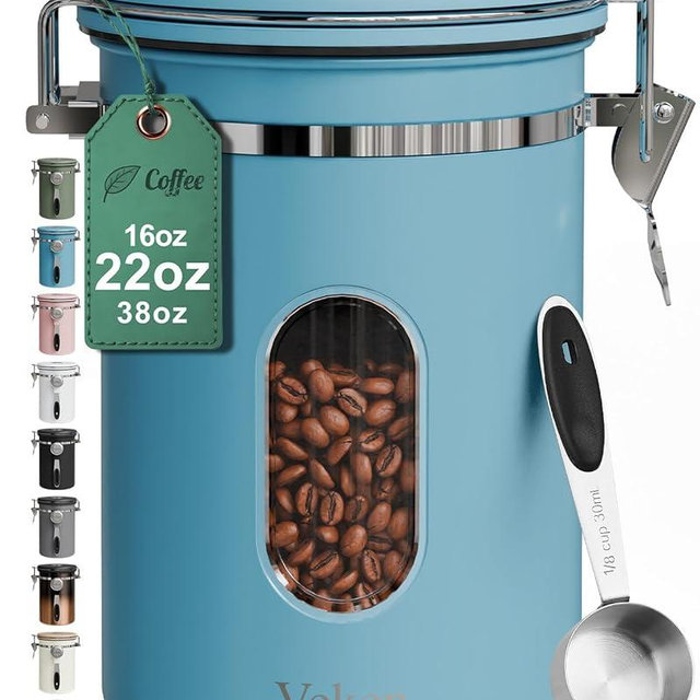 Veken Coffee Canister with Window, Airtight Stainless Steel Kitchen Food Storage Container with Lids, Date Tracker and Scoop for Grounds Coffee, Beans, Tea, Flour, Cereal, Sugar Jars, 22OZ, Blue