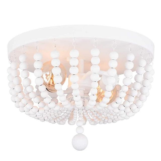 Alice House 14.1" Flush Mount Ceiling Light, 2 Lights Wood Beaded Chandelier, White Farmhouse Ceiling Light for Entryway, Hallway, Bedroom and Stairway AL9031-S2