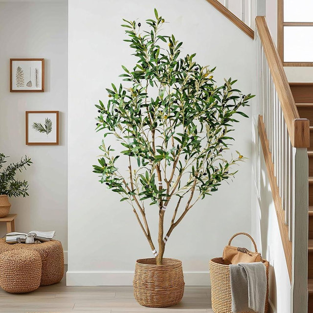 5FT Faux Olive Tree with White Pot & Moss, Artificial Olive Tree Indoor Outdoor, PE/PVC Leaves, Realistic Resin Trunk Large Fake Olive Tree Artificial Plants Indoor, Faux Plants Indoor for Home Decor