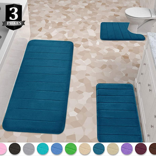 Yimobra 3 Pieces Memory Foam Bath Mat Set, XL, L and U-Shaped Size for Bathroom or Bedroom Rugs, Tub, Contour Toilet Mats, Non-Slip, Soft Comfortable, Water Absorption, Machine Washable Peacock Blue