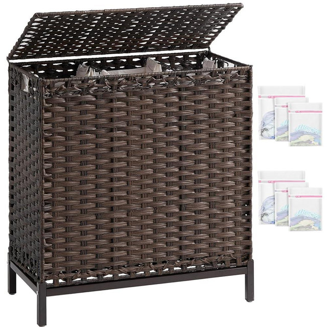SETVSON Laundry Hamper with Lid 132 L, (35 Gallons) Clothes Hamper with Lid, Handwoven Rattan Laundry Hamper with Metal Heightened Feet, Laundry Hampers with 3 Removable Liner Bags for Laundry-Brown