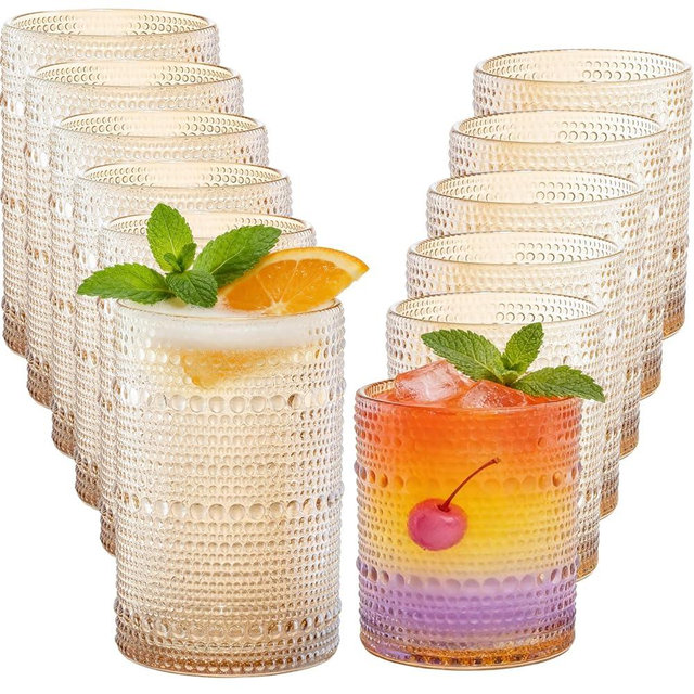 Amber Hobnail Beaded Drinking Glasses Set of 12, 12 oz & 15oz Vintage Glassware Set Romantic Water Glasses Tumbler, Water Cups, Embossed Glassware Set for Beer, Juice, Cocktail, Soda, Beverages