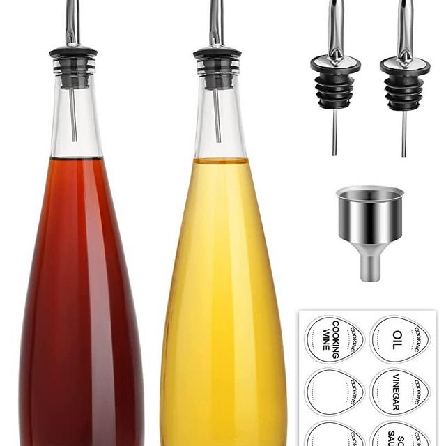 GMISUN Oil and Vinegar Dispenser Set, Olive Oil Dispenser Bottle for Kitchen, Cooking Oil Container Cruet Set, Clear Glass Bottles Vegetable Oil Dispenser with Label, Decorative (2 Pack, 17oz)