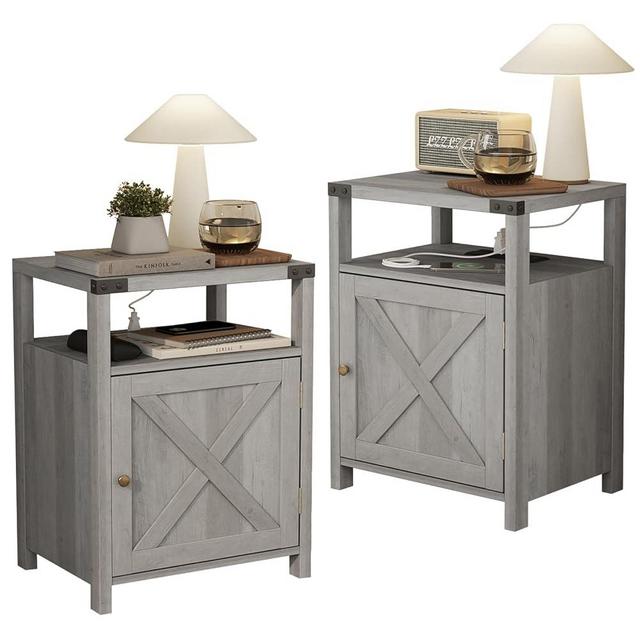 Fameill Nightstands Set of 2, Night Stand with Charging Station, Bed Side Table with Storage Cabinet, Farmhouse End Table for Living Room with USB Ports and Outlets, Gray