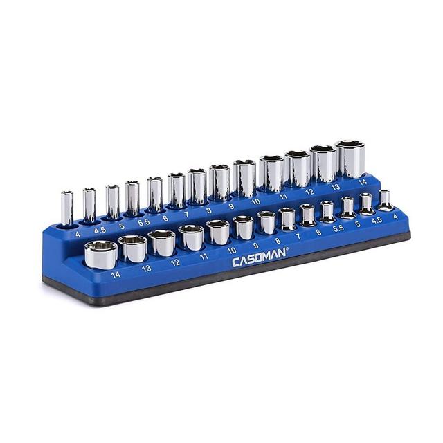 CASOMAN 1/4-Inch Magnetic Socket Organizer, Holds 26 Metric Sockets, Blue Color, Magnetic Socket Holder