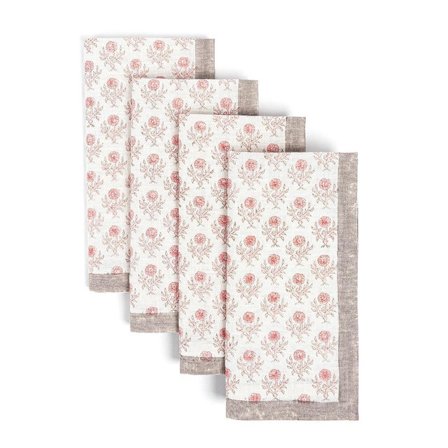 over&back Hand-Blocked Printed Cotton Cloth Napkins - Washable Napkins Set for Mixing, Matching, and Creating a Custom Home Decor Tablescape - Pink Bloom