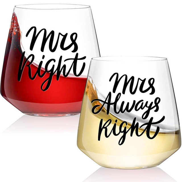 Physkoa Funny Lesbian Wine Glasses – Mrs & Mrs Stemless Wine Glass Set – “Mrs Right” & “Mrs Always Right” – Wedding, Anniversary, or Engagement Gift for Lesbian Couples, 15 oz