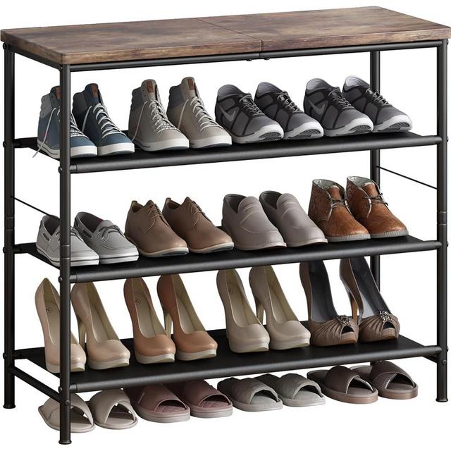 INGIORDAR Shoe Rack Organizer 4 Tier Metal Organizer Shelf with Industrial MDF Board and Layer Fabric for Entryway Closet Bedroom Living Room Garage,Black & Rustic Brown