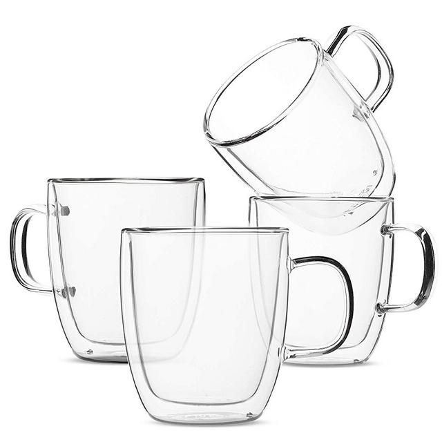 BTaT- Double Wall Glass Cups, Set of 4 (8 oz, 240 ml), Tea Cups, Glass Coffee Mugs, Cappuccino Cups, Latte Cups, Latte Mug, Clear Coffee Cup, Espresso Glass, Glass Tea Cups, Glass Coffee Cup