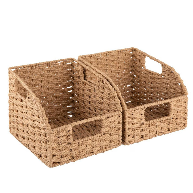 OIAHOMY Pantry Baskets for Organizing, Paper Rope Baskets with Built-in Handles, Wicker Storage Bins for Shelves, 2 Pack-Yellow