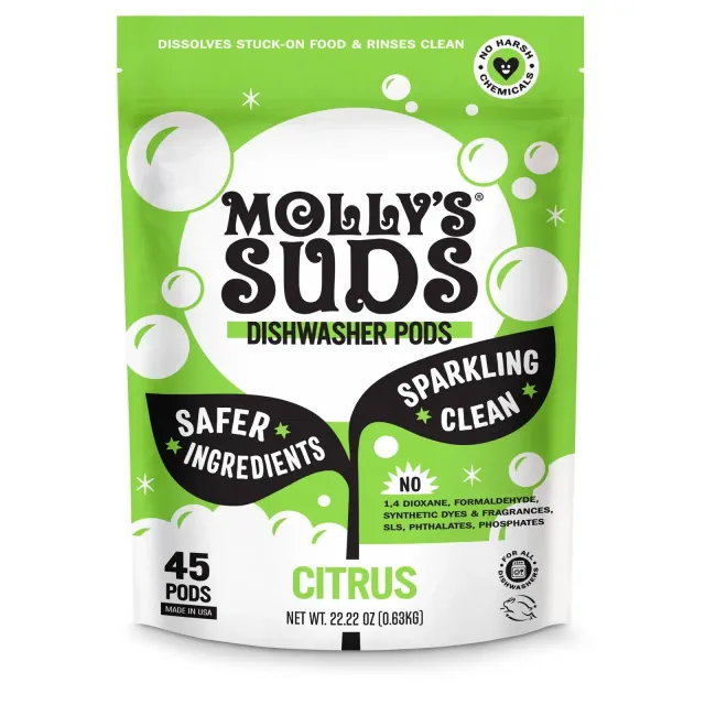 Molly's Suds Dishwasher Detergent Pods - Citrus - 45ct: Dye-Free, Paraben-Free, Phosphate-Free, Vegan