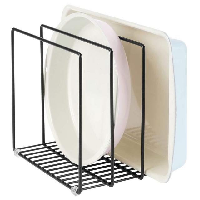 mDesign Metal Wire Cookware Organizer Rack for Kitchen Cabinet, Pantry and Shelves - Organizer Holder with 3 Slots for Cookie Trays, Muffin Tins, Bread Pans, Cutting Boards, Baking Stones - Black
