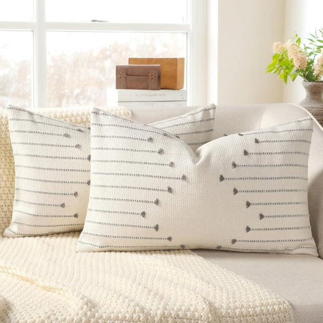 YCOLL Boho Spring Throw Pillow Covers 12x20 Set of 2 Neutral Woven Decorative Pillowcases Cotton Tufted Couch Pillows Modern Farmhouse Cushion Covers for Sofa Couch Bed Living Room Home Decor, Gray