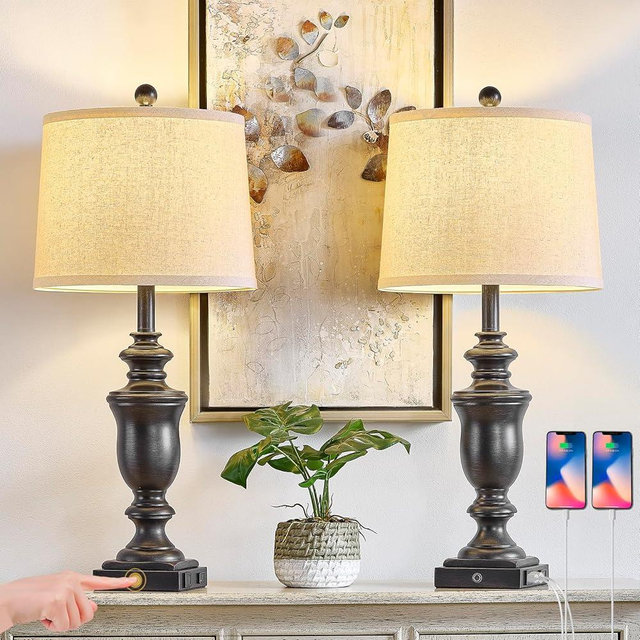 SAIWEYA 27.5" Set of 2 Farmhouse Table Lamps for Bedroom, 3 Way Dimmable Bedside Lamp with 2 USB +AC Outlet Nightstand Lamps for Living Room Resin Rustic Touch Lamps (Antique Black)