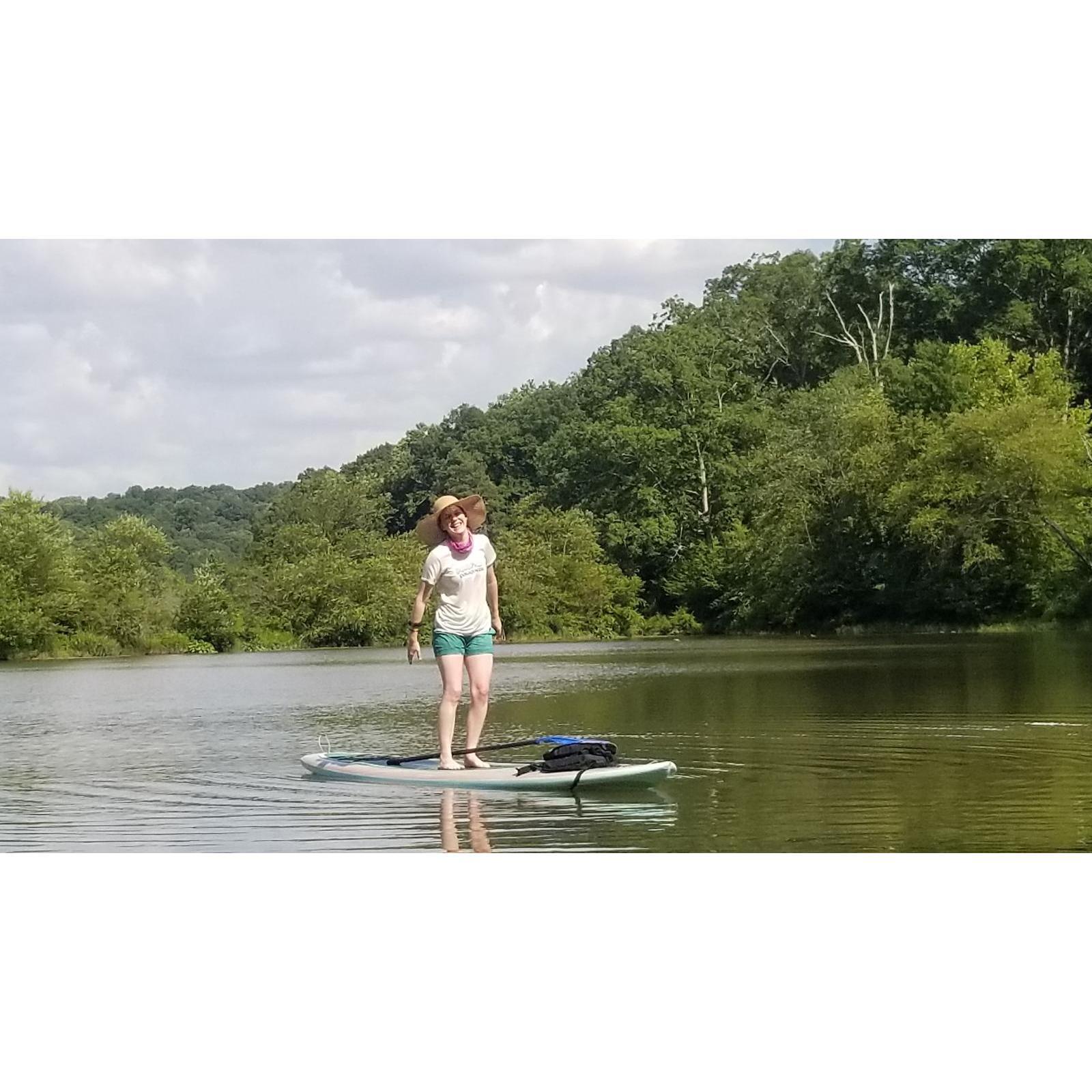 Paddling on the 4th of July weekend in 2019. Clark and Emily paddled in a Canoe, and their friend Kristina rented a paddleboard. Emily tried it out. She immediately fell in love and owns one now!