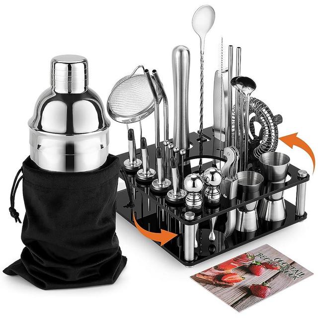 KINGROW Mixology Cocktail Shaker Set - Complete 29-Piece Bartender Kit and Bar Tools with Acrylic Rotating Stand, Professional Bar Set for Drink Mixing, Home, Bar, Party (Sliver)