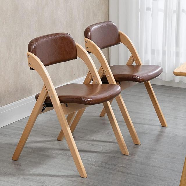 HOMEFUN PU Folding Chairs with Padded Seats, Wooden Stackable Dining Chairs Set of 2 Assembled Folding Extra Chair for Guests Kitchen Office Wedding