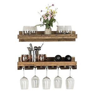 Floating Wine Shelf and Glass Rack Set (Wall Mounted), Rustic Pine Wood Handmade by del Hutson Designs (6H x 24W x 10D, Dark Walnut)