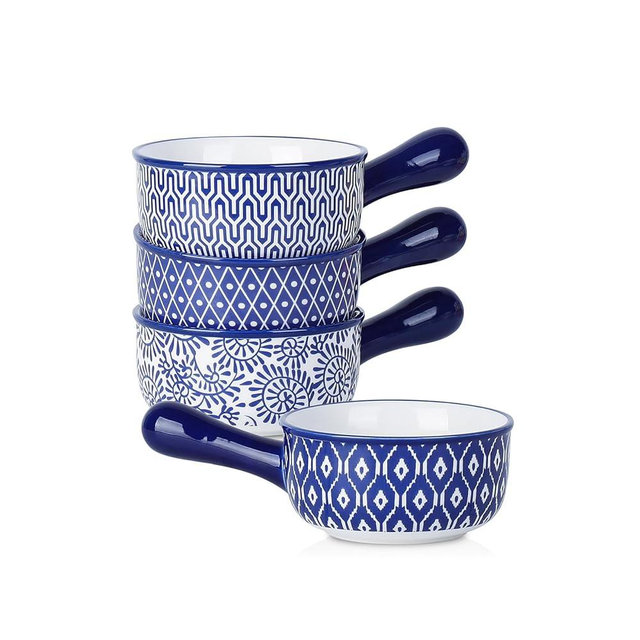Selamica Ceramic Soup Crocks With Handles, 15 OZ French Onion Soup Bowls, Oven Safe Soup Bowls For Cereal, Stew, Chilli, Pot Pies, Baking, Microwave Dishwasher Safe, Set of 4, Vintage Blue