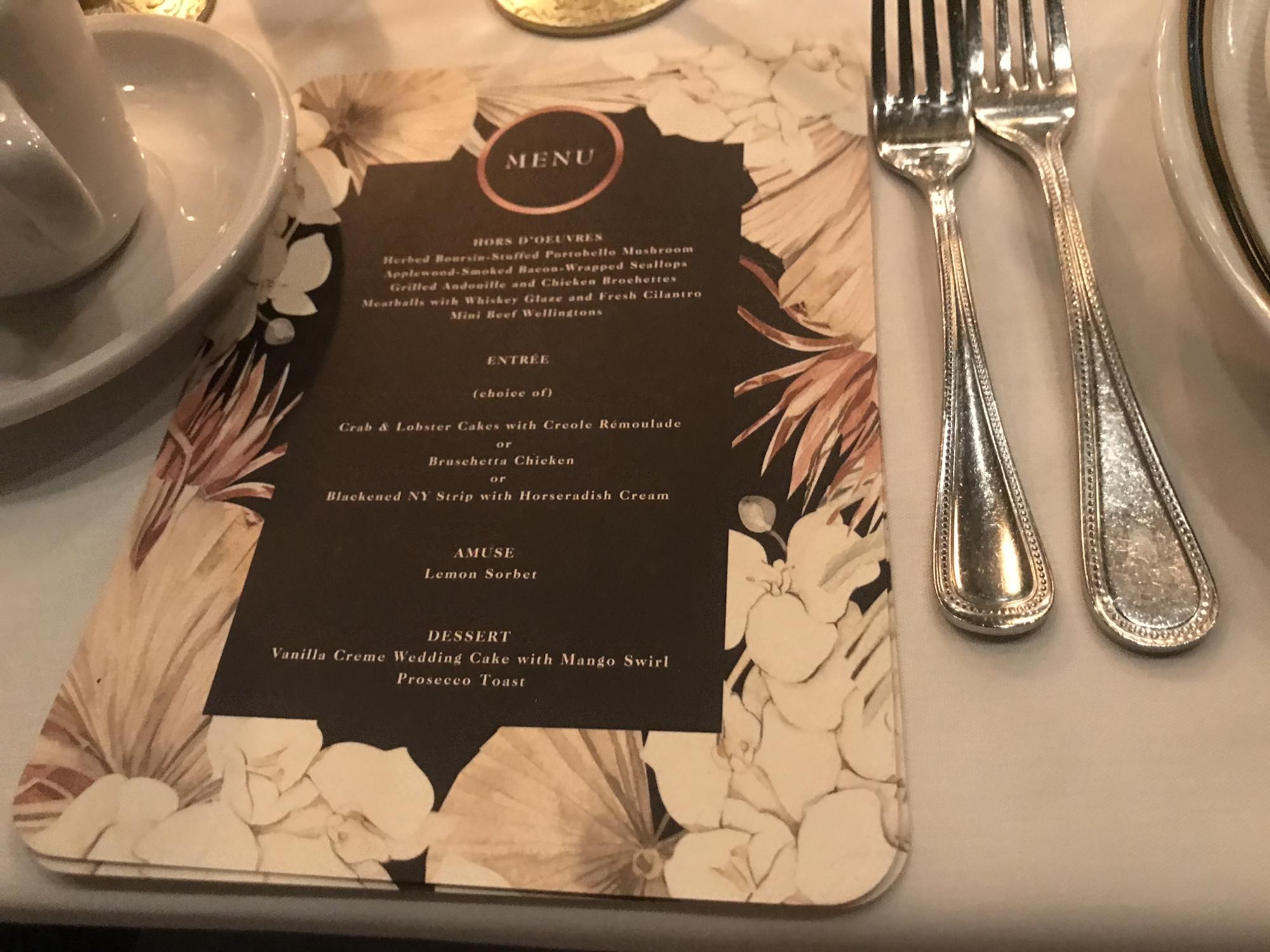 Menus printed on linen, designed by Phrosné Ras