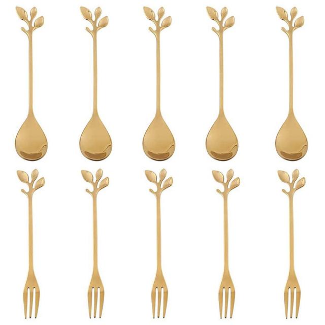AnSaw 10-Piece Stainless Steel Gold Leaf Coffee Spoon appetizer fork-Creative Tableware Dessert Spoons, Stirring, Mixing, Sugar, Stir, Ice Cream,Fruit, Cake, Teaspoon Set (Gold-5Spoon+5Forks)