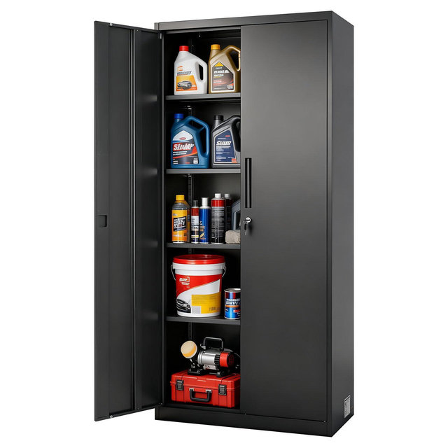 Metal Storage Cabinet, 71” Steel Garage Cabinet with Lockable Doors and Adjustable Shelves,5-Tiers Tool Cabinet for Garage, Office, School, Black