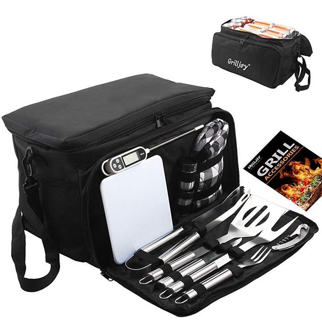 grilljoy BBQ Grill Tools Set with Black Insulated Cooler Bag - All-in-one Barbecue Picnic Cooler Bag - 12pcs Stainless Steel Camping Utensil Kit - Perfect Grilling Accessories Set Gift