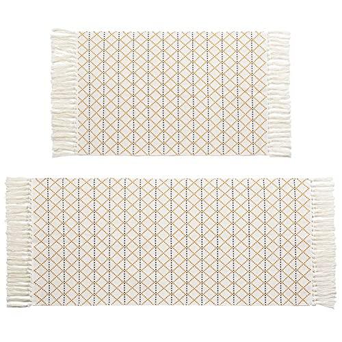 Boho Moroccan Tassel Bathroom Rug Runner Set Yellow White Woven Bath Mat Kitchen Rug 2 Piece 4.2'x2'+3'x2', Cotton Washable Small Throw Rug Tribal Area Rug for Laundry Room Bedroom Entryway